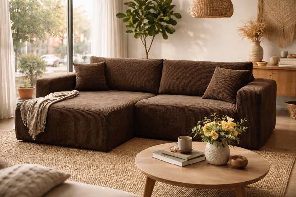 Ecksofa DANO mit Schlaffunktion Typ B Cordstoff Poppy: Schokobraun