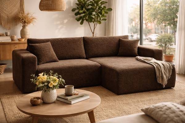 Ecksofa DANO mit Schlaffunktion Typ B Cordstoff Poppy: Schokobraun