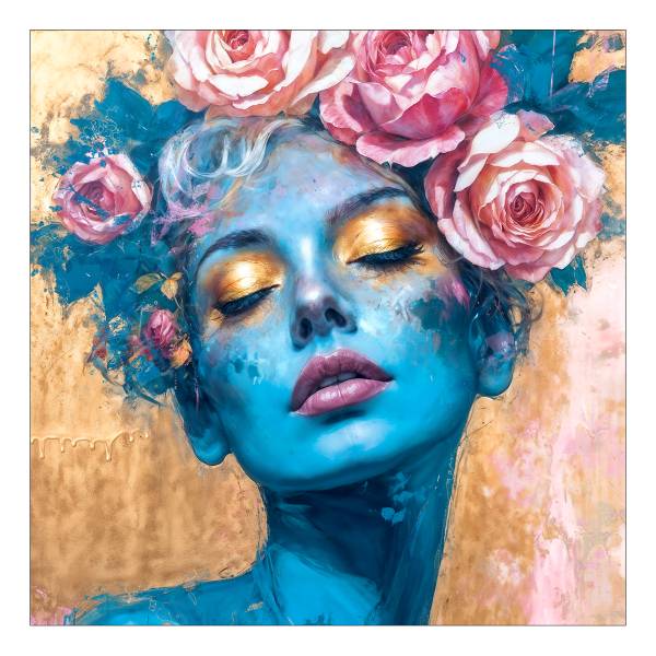 Quadro di vetro Flowers On Blue Face A Vetro - Multicolore