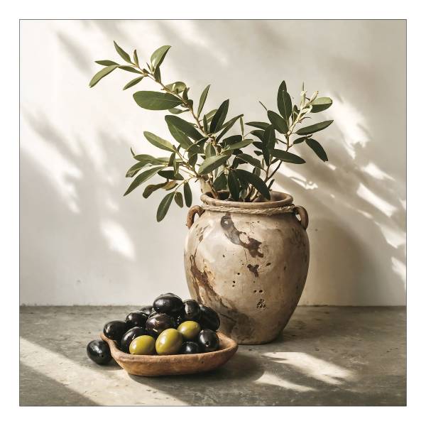 Glasbild Olives In The Shade Klarglas - Mehrfarbig
