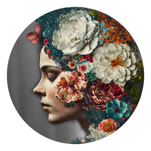Glasbild Flowers On Her Head Rund Klarglas - Mehrfarbig