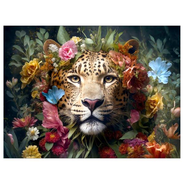 Quadro di vetro Jaguar With Flowers Vetro - Multicolore