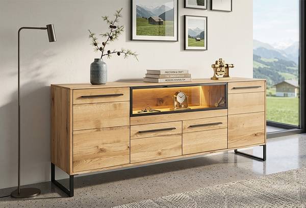 Beleuchtetes Sideboard Cugi Eiche massiv / Metall - Eiche / Schwarz