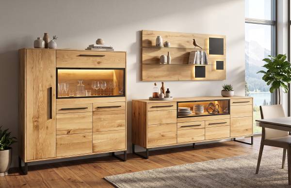 Beleuchtetes Sideboard Cugi Eiche massiv / Metall - Eiche / Schwarz