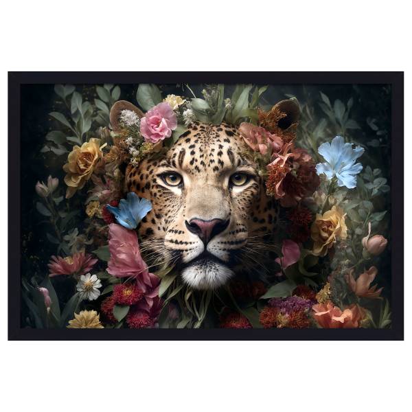 Leinwandbild Jaguar With Flowers Papier - Multicolor
