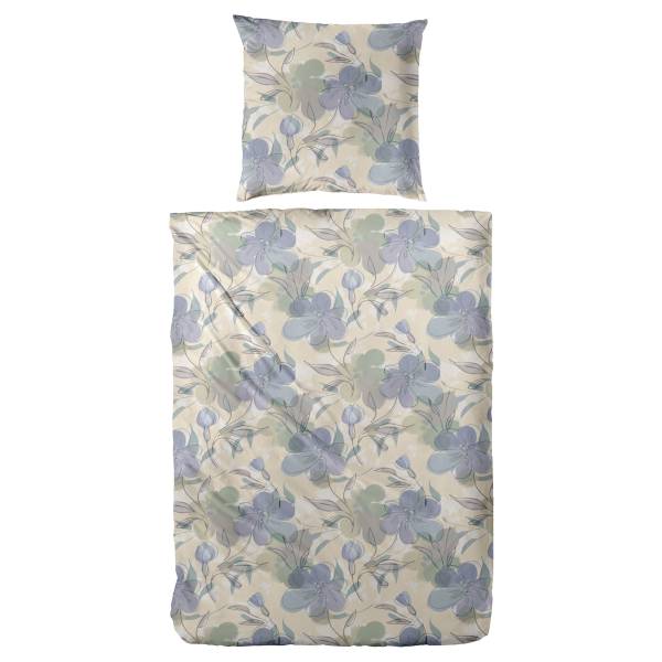 Housse de couette Fin Biber Floris Fin biber - Beige / Bleu foncé - 135 x 200 cm + oreiller 80 x 80 cm