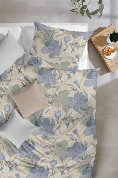 Housse de couette Fin Biber Floris Fin biber - Beige / Bleu foncé - 135 x 200 cm + oreiller 80 x 80 cm