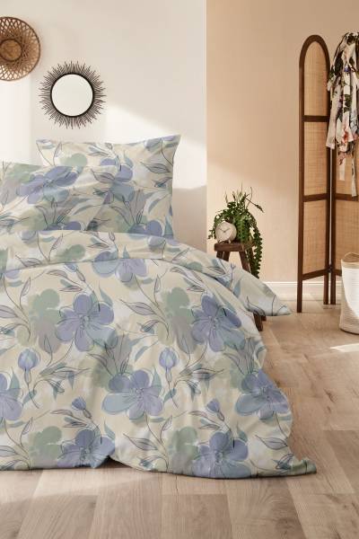 Housse de couette Fin Biber Floris Fin biber - Beige / Bleu foncé - 135 x 200 cm + oreiller 80 x 80 cm