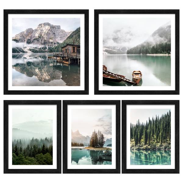 Holzbild Mountain Lake 5-teilig Klarglas / MDF - Schwarz / Weiß