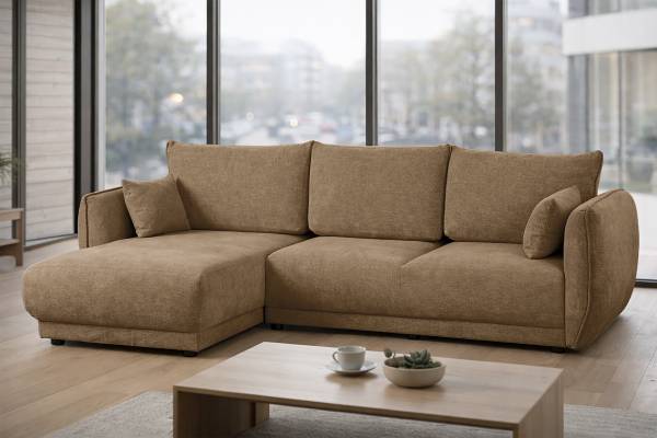 Ecksofa NERIL mit Schlaffunktion Chenille Raica: Dunkelbeige - Longchair davorstehend links