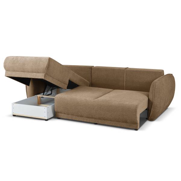 Ecksofa NERIL mit Schlaffunktion Chenille Raica: Dunkelbeige - Longchair davorstehend links