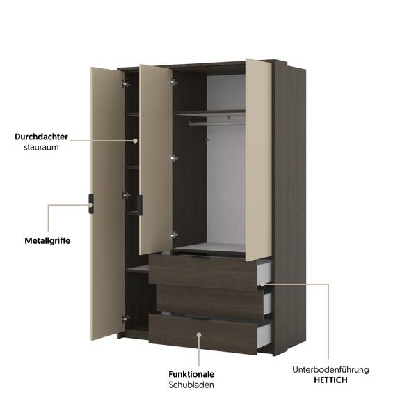 Armoire à portes battantes Maeria Champagne / Imitation chêne foncé - Largeur : 139 cm