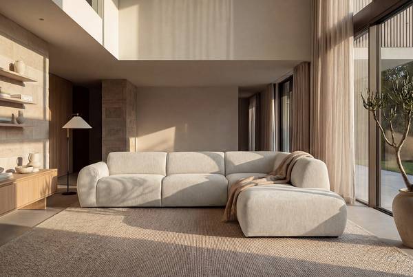 Ecksofa ULALA mit Ottomane Chenille Edina: Beige - Ottomane davorstehend rechts