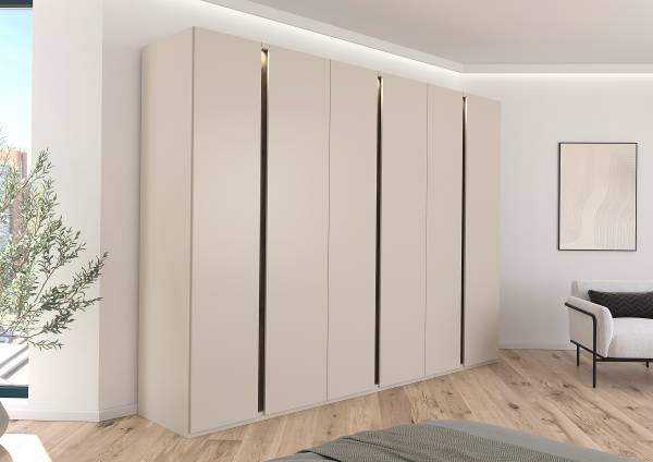 Drehtürenschrank Luana Kaschmir / Eiche Havanna Dekor - Breite: 301 cm - Premium - Mit Beleuchtung