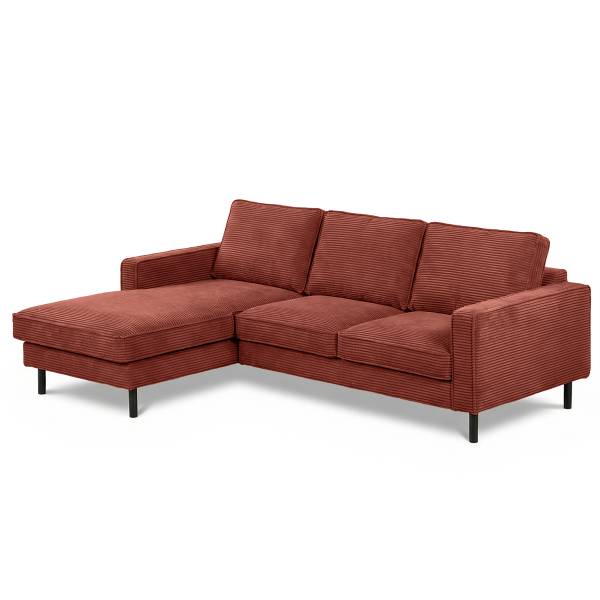 Ecksofa FOLO mit opt. Schlaffunktion Cordstoff Lola: Rotbraun - Longchair davorstehend links - Ohne Schlaffunktion