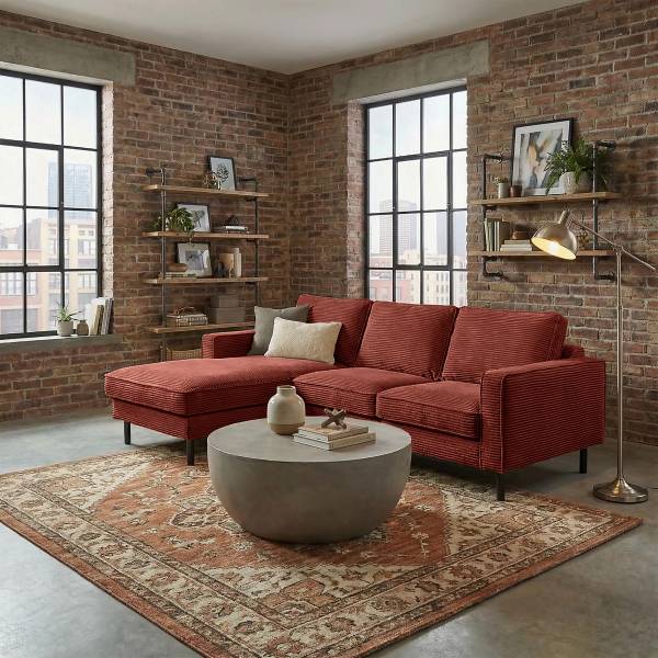 Ecksofa FOLO mit opt. Schlaffunktion Cordstoff Lola: Rotbraun - Longchair davorstehend links - Ohne Schlaffunktion