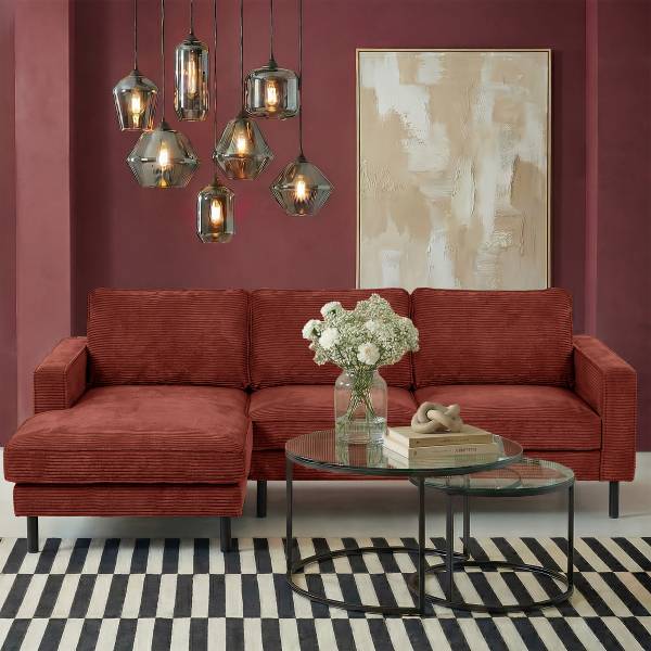 Ecksofa FOLO mit opt. Schlaffunktion Cordstoff Lola: Rotbraun - Longchair davorstehend links - Ohne Schlaffunktion