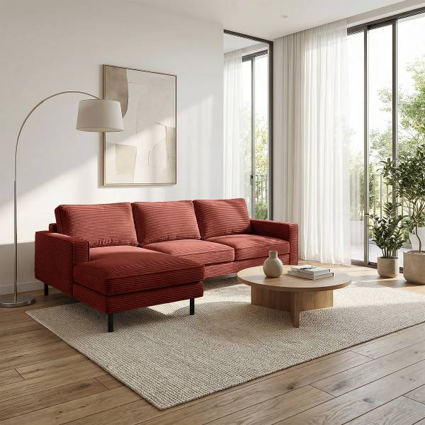 Ecksofa FOLO mit opt. Schlaffunktion Cordstoff Lola: Rotbraun - Longchair davorstehend links - Ohne Schlaffunktion