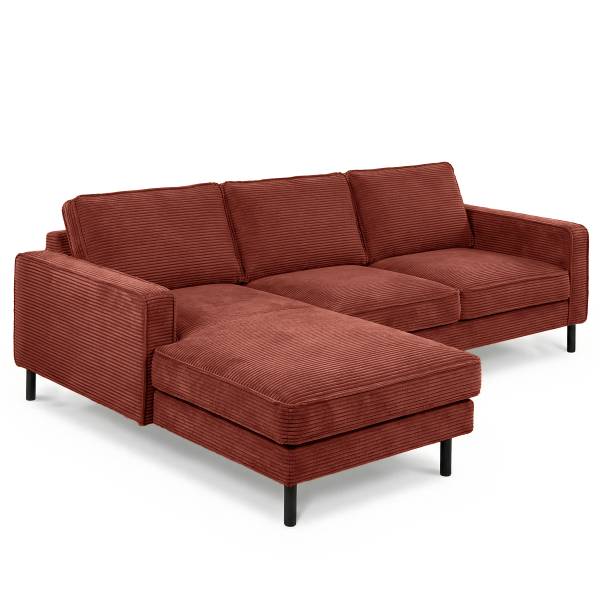 Ecksofa FOLO mit opt. Schlaffunktion Cordstoff Lola: Rotbraun - Longchair davorstehend links - Ohne Schlaffunktion
