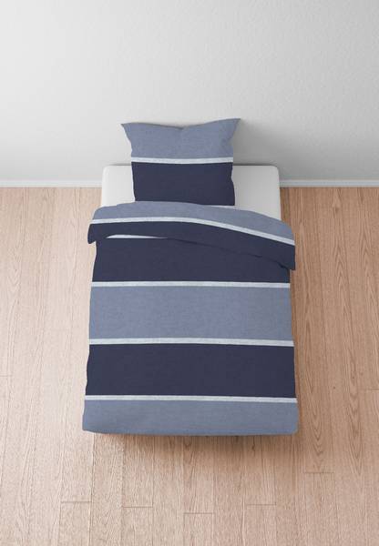 Flanell-Bettwäsche Blockstreifen Flanell - Marineblau - 135 x 200 cm + Kissen 80 x 80 cm