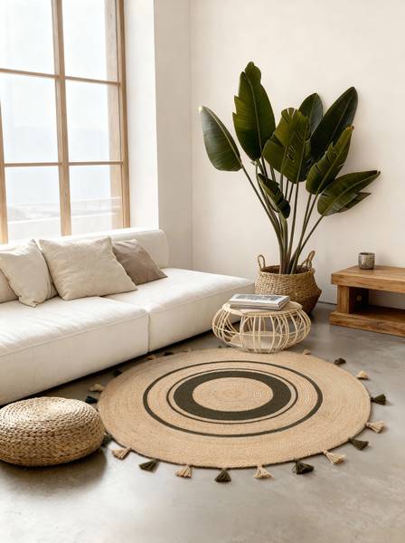 Juteteppich Basil rund Jute - Beige / Grün - Durchmesser: 150 cm