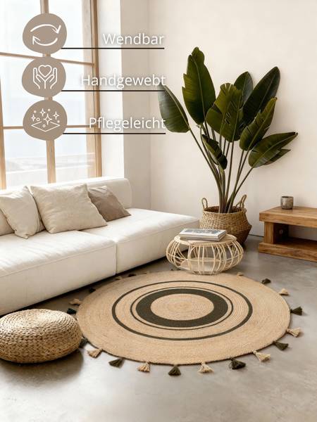 Juteteppich Basil rund Jute - Beige / Grün - Durchmesser: 150 cm
