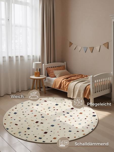 Kinderteppich Funny Squares rund Polypropylen / Jute - Creme