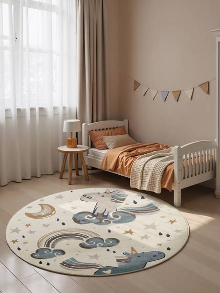 Tapis enfant Licorne rond Polypropylène / Jute - Crème