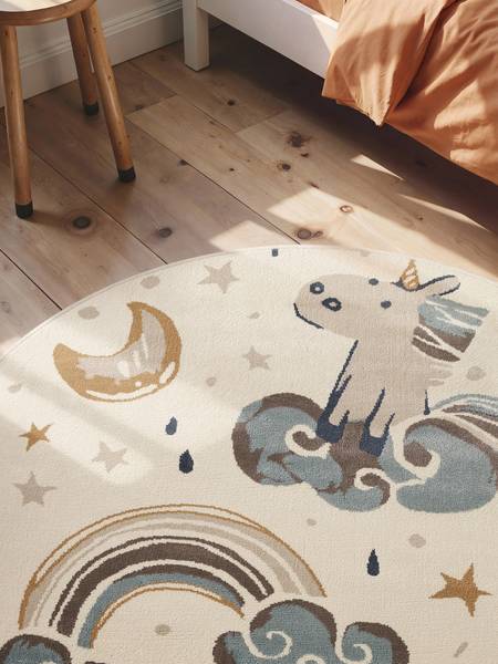 Tapis enfant Licorne rond Polypropylène / Jute - Crème