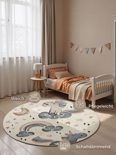 Tapis enfant Licorne rond Polypropylène / Jute - Crème