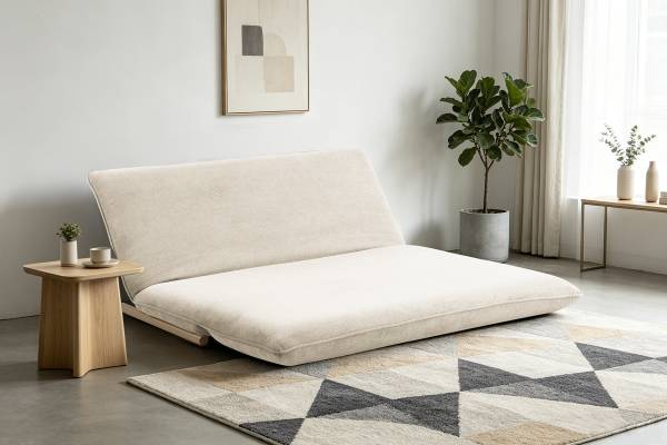 Divano letto LEVILL Tessuto Valdis: crema - Quercia chiara