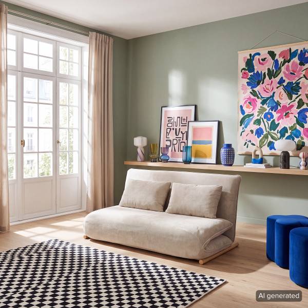 Divano letto LEVILL Tessuto Valdis: crema - Quercia chiara