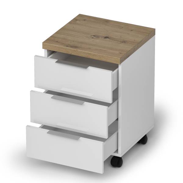 Rollcontainer Navu Hochglanz Weiß / Eiche Dekor