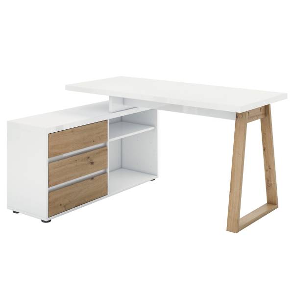 Bureau d'angle Wayu Laqué blanc / Décor chêne artisan