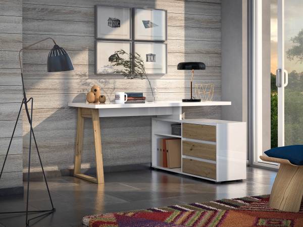Bureau d'angle Wayu Laqué blanc / Décor chêne artisan