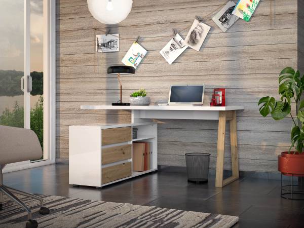 Bureau d'angle Wayu Laqué blanc / Décor chêne artisan