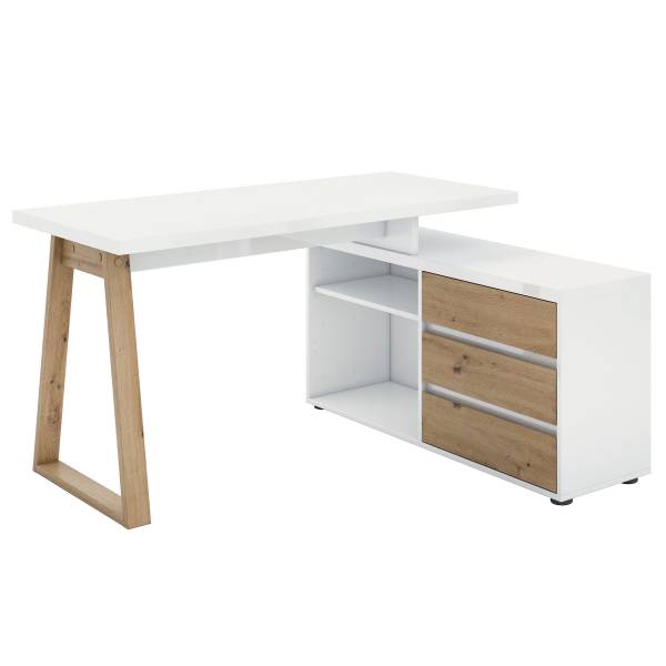 Bureau d'angle Wayu Laqué blanc / Décor chêne artisan