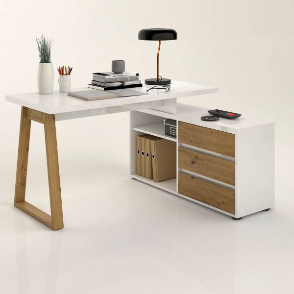 Bureau d'angle Wayu Laqué blanc / Décor chêne artisan