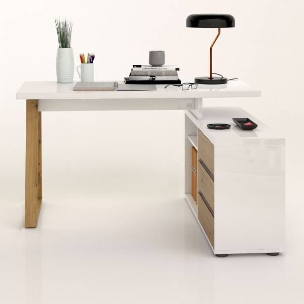 Bureau d'angle Wayu Laqué blanc / Décor chêne artisan