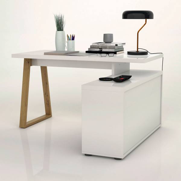 Bureau d'angle Wayu Laqué blanc / Décor chêne artisan