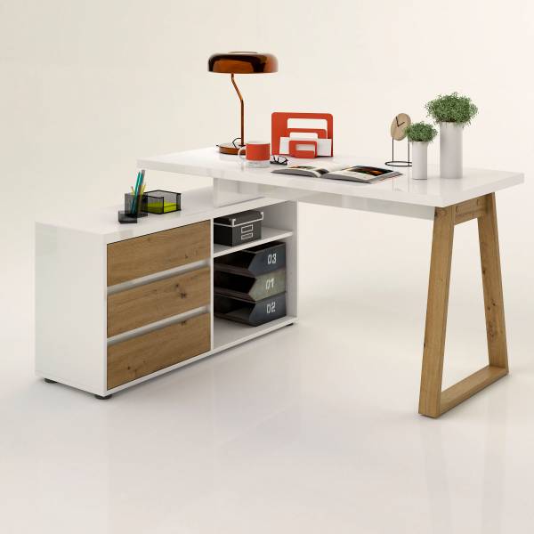 Bureau d'angle Wayu Laqué blanc / Décor chêne artisan