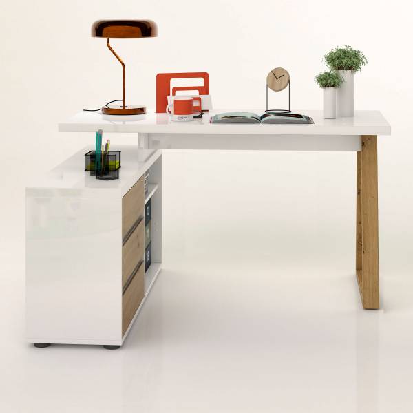 Bureau d'angle Wayu Laqué blanc / Décor chêne artisan