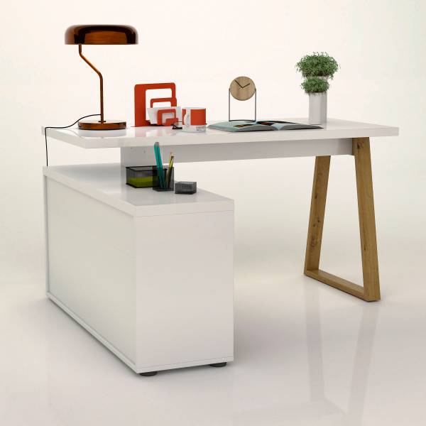 Bureau d'angle Wayu Laqué blanc / Décor chêne artisan