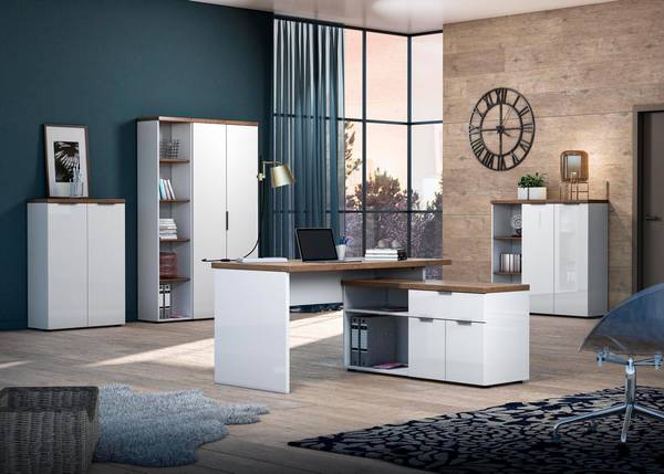 Aktenschrank Navu - 192 cm Hochglanz Weiß / Eiche Dekor