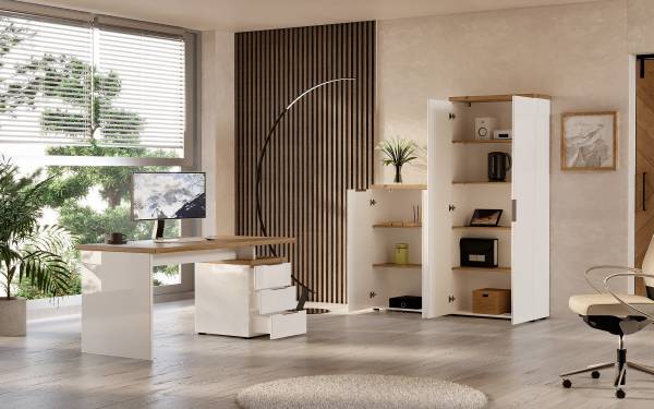 Aktenschrank Navu - 192 cm Hochglanz Weiß / Eiche Dekor