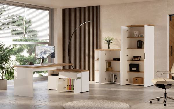 Aktenschrank Navu - 192 cm Hochglanz Weiß / Eiche Dekor