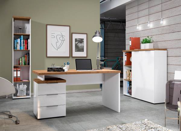Scrivania Navu con container Bianco lucido / Effetto rovere