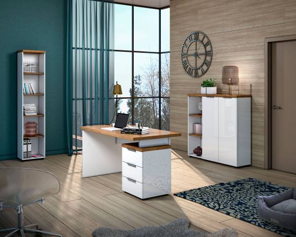 Scrivania Navu con container Bianco lucido / Effetto rovere