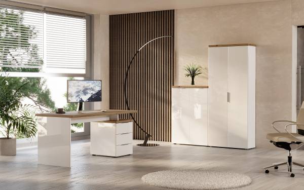 Scrivania Navu con container Bianco lucido / Effetto rovere
