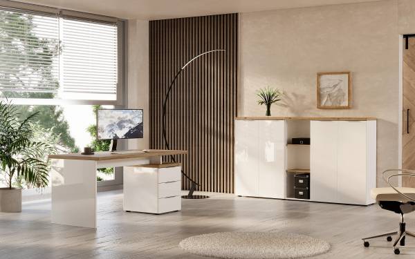Scrivania Navu con container Bianco lucido / Effetto rovere